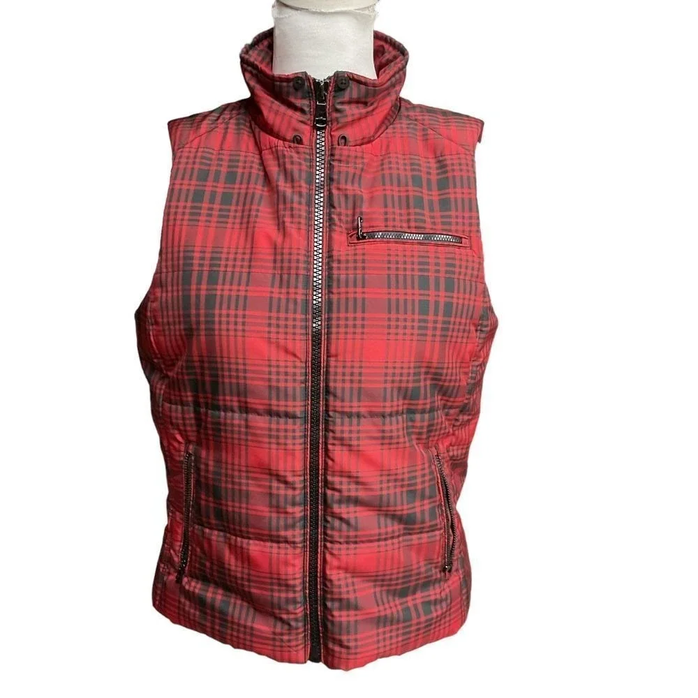 Lauren Ralph Lauren Women's Buffalo Plaid Zip Up Puffer Vest Black Red Size P/M‎